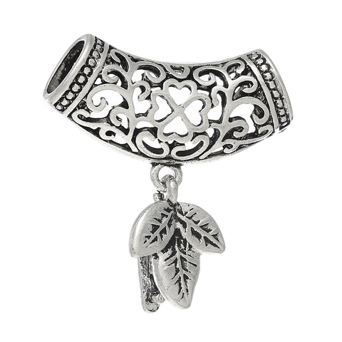 Sexy Sparkles Pinch Bail Bead with Filigree Hollow Tube Antique Silver Tone 32mm (Heart)