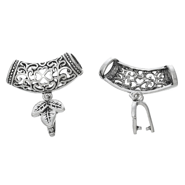 Sexy Sparkles Pinch Bail Bead with Filigree Hollow Tube Antique Silver Tone 32mm (Heart)