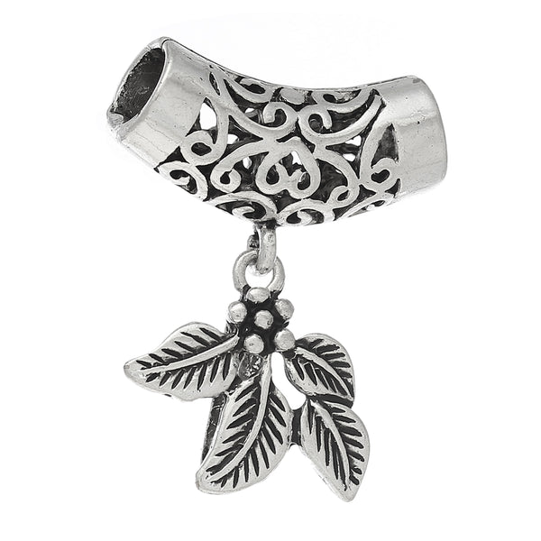 Sexy Sparkles Pinch Bail Bead with Filigree Hollow Tube Antique Silver Tone 32mm (Leaf)