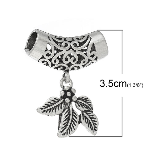 Sexy Sparkles Pinch Bail Bead with Filigree Hollow Tube Antique Silver Tone 32mm (Leaf)