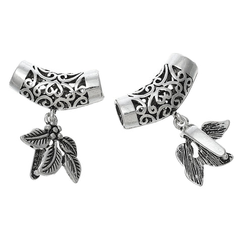 Sexy Sparkles Pinch Bail Bead with Filigree Hollow Tube Antique Silver Tone 32mm (Leaf)