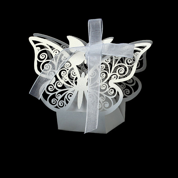 10 Pcs Paper Wedding Party Candy Favor Boxes Butterfly Hollow Light Golden Glitter With Ribbon 8 1/8" - Sexy Sparkles Fashion Jewelry