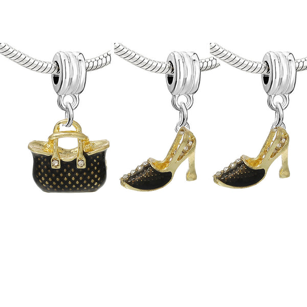Set of Three (3) Charms Black Hand Bag and High Heels Shoes Dangle Charm European Bead Compatible for Most European Snake Chain Bracelet