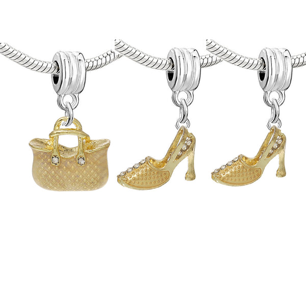 Set of Three (3) Charms Gold Hand Bag and High Heels Shoes Dangle Charm European Bead Compatible for Most European Snake Chain Bracelet