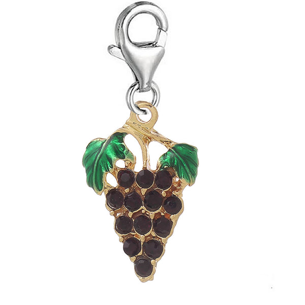 Rhinestone Grape Purple Fruit Clip on Charm Pendant for European Jewelry w/ Lobster Clasp