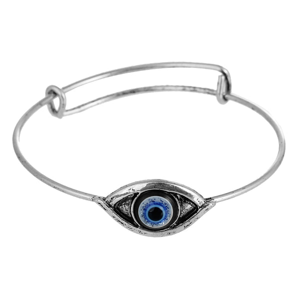 Expandable Charm Bangle Bracelet, Double Bar, Eye Antique Silver Tone Blue Resin