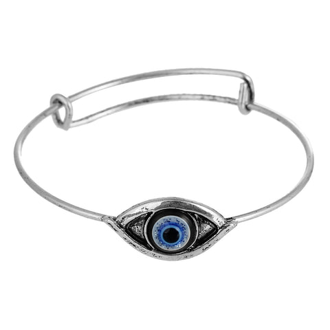 Expandable Charm Bangle Bracelet, Double Bar, Eye Antique Silver Tone Blue Resin - Sexy Sparkles Fashion Jewelry - 1