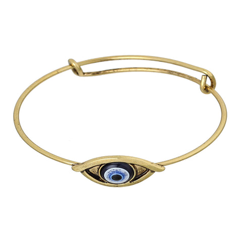 Expandable Charm Bangle Bracelet, Double Bar, Eye Gold Tone Blue Resin - Sexy Sparkles Fashion Jewelry - 1