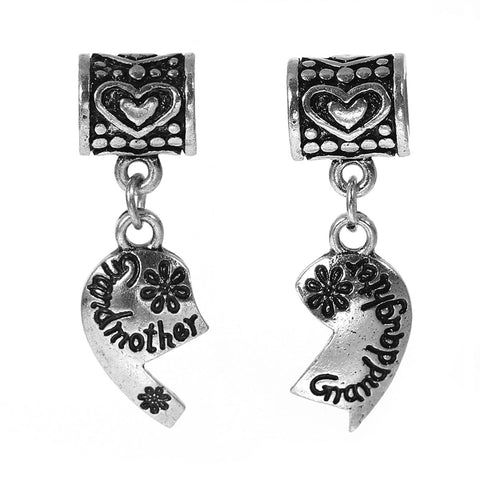 Set of 2 Pcs " Heart W/grandmother & Granddaughter " Dangle Charms Bead for Snake Chain Charm Bracelet - Sexy Sparkles Fashion Jewelry - 1