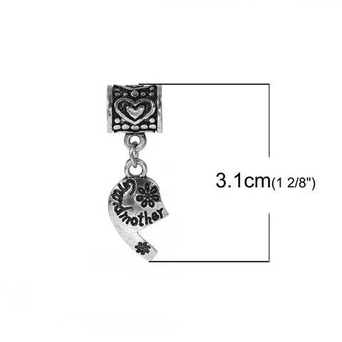 Set of 2 Pcs " Heart W/grandmother & Granddaughter " Dangle Charms Bead for Snake Chain Charm Bracelet - Sexy Sparkles Fashion Jewelry - 2