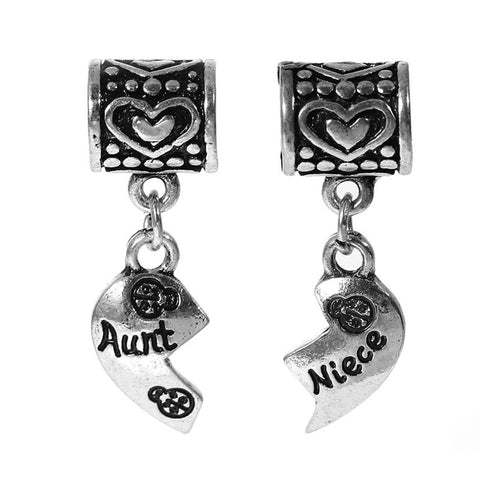 Set of 2 Pcs " Heart w/ Aunt & Niece " Dangle Charms Bead for Snake Chain Charm Bracelet â€¦ - Sexy Sparkles Fashion Jewelry - 1