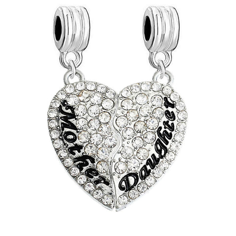 1 Pair Mother Daughter Hearts Love Charm With Clear Rhinestones Fits Snake Chains Brand Charm Bracelets - Sexy Sparkles Fashion Jewelry - 3