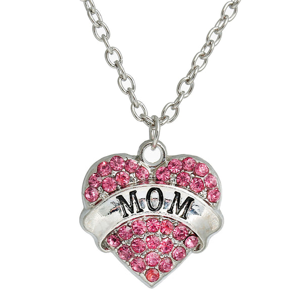 Link Cable Chain Silver Tone " MOM" Carved on Heart Pendant With Pink Rhinestone