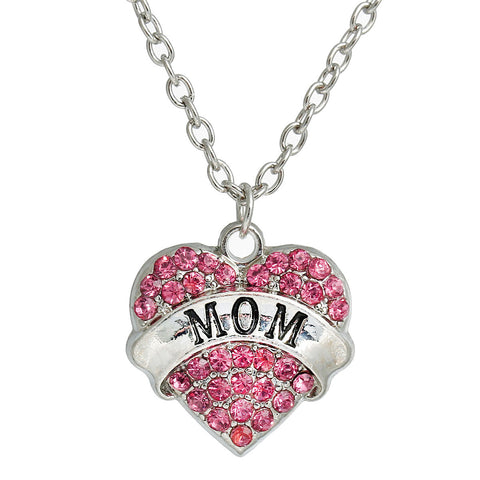 Link Cable Chain Silver Tone " MOM" Carved on Heart Pendant With Pink Rhinestone - Sexy Sparkles Fashion Jewelry - 1