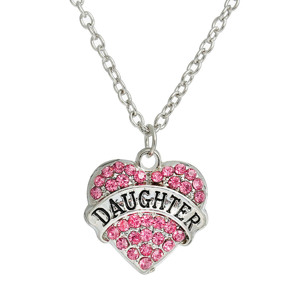 Link Cable Chain Silver Tone " DAUGHTER " Carved on Heart Pendant With Pink Rhinestone - Sexy Sparkles Fashion Jewelry - 1