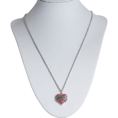 Link Cable Chain Silver Tone " DAUGHTER " Carved on Heart Pendant With Pink Rhinestone - Sexy Sparkles Fashion Jewelry - 2