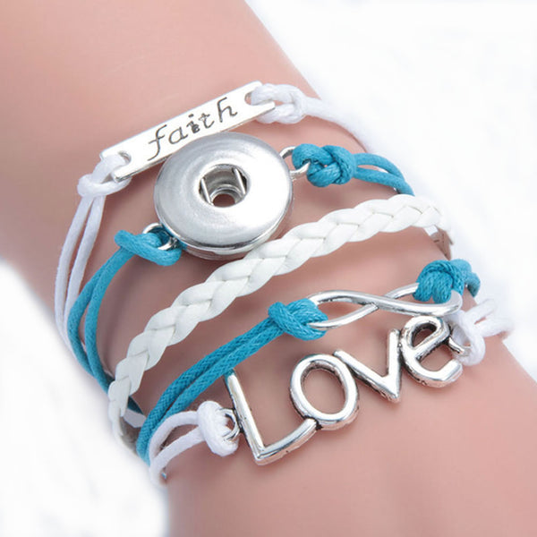 Polyurethane Snap Button Bracelet Blue & White Cord Love Infinity Symbol