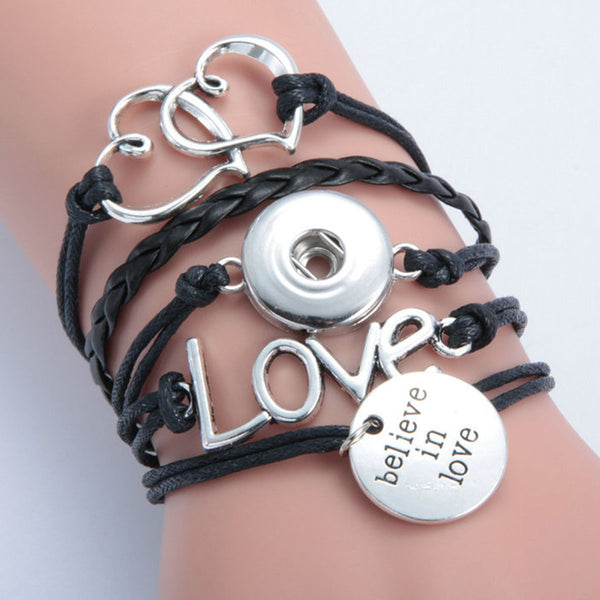 Multi Layered Polyurethane Black Cord Snap Button Bracelet " Believe in Love "
