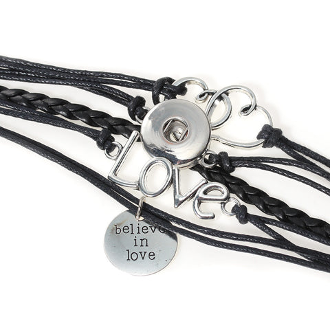 Multi Layered Polyurethane Black Cord Snap Button Bracelet " Believe in Love " - Sexy Sparkles Fashion Jewelry - 2