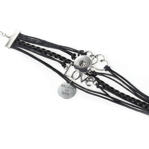 Multi Layered Polyurethane Black Cord Snap Button Bracelet " Believe in Love " - Sexy Sparkles Fashion Jewelry - 3