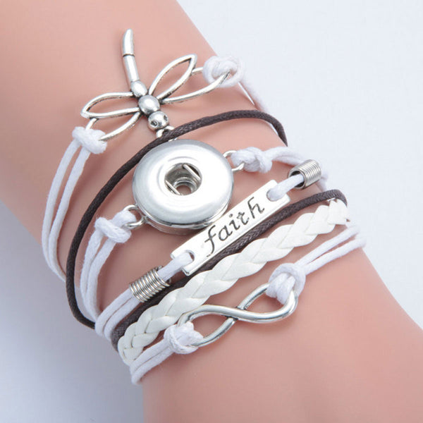 Multi Layered Polyurethane Brown & White Cord Dragonfly Infinity Symbol " Faith " Snap Button Bracelet