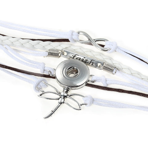 Multi Layered Polyurethane Brown & White Cord Dragonfly Infinity Symbol " Faith " Snap Button Bracelet - Sexy Sparkles Fashion Jewelry - 2