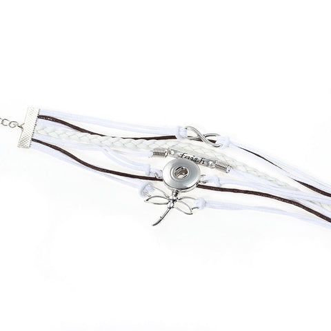 Multi Layered Polyurethane Brown & White Cord Dragonfly Infinity Symbol " Faith " Snap Button Bracelet - Sexy Sparkles Fashion Jewelry - 3