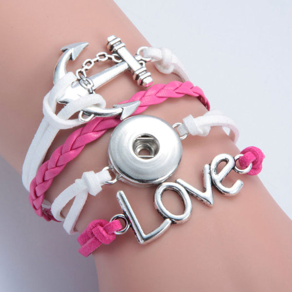 Multi Layered Polyurethane Fuchsia & White Cord Snap Button Bracelet "Love " and Anchor
