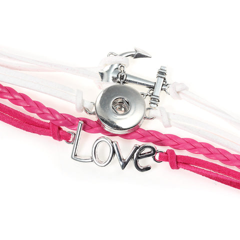 Multi Layered Polyurethane Fuchsia & White Cord Snap Button Bracelet "Love " and Anchor - Sexy Sparkles Fashion Jewelry - 2