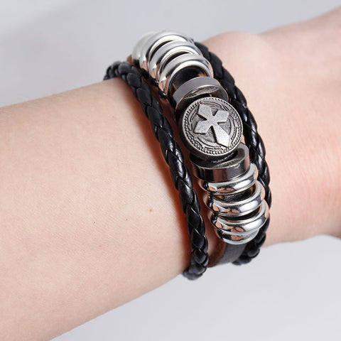 Womens and Men's Real Leather Multilayer Bracelets Black Cord Metal Gunmetal Cross Beads With Clasp Hook - Sexy Sparkles Fashion Jewelry - 2