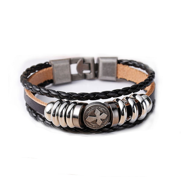 Womens and Men's Real Leather Multilayer Bracelets Black Cord Metal Gunmetal Cross Beads With Clasp Hook