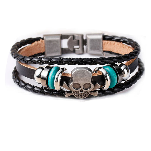 Womens and Men's Multilayer Bracelets Black Cord Metal Multicolor Skull Shape Beads With Clasp Hook