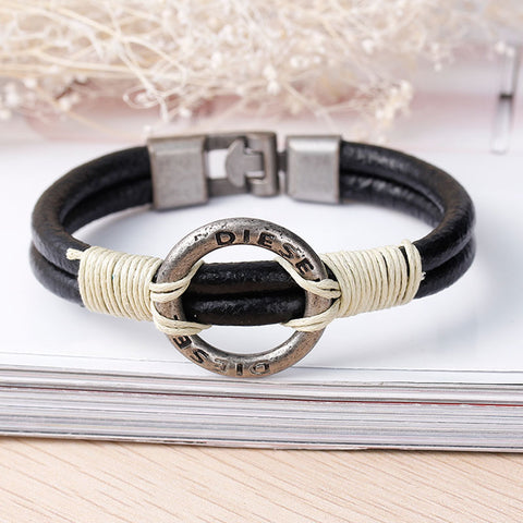 Women and Men's Real Leather Multilayer Bracelets Black Cord " DIESEL " Hollow Metal Gunmetal Beads - Sexy Sparkles Fashion Jewelry - 2