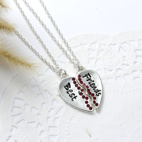 Set of 2 Broken Heart Pendant Necklace Link Cable Chain Silver Tone Friendship BFF Message " BEST FRIENDS " Fuchsia Rhinestone - Sexy Sparkles Fashion Jewelry - 3