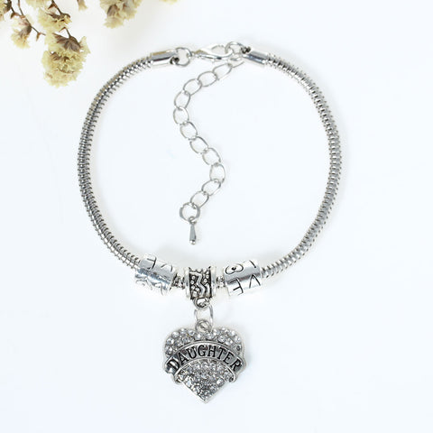 "Daughter" European Snake Chain Charm Bracelet with Clear Rhinestone Heart Pendant and Love Spacer Beads - Sexy Sparkles Fashion Jewelry - 2