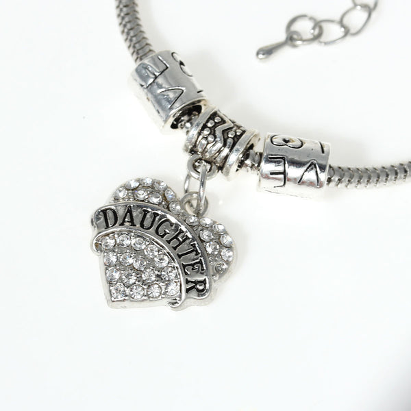 "Daughter" European Snake Chain Charm Bracelet with Clear Rhinestone Heart Pendant and Love Spacer Beads