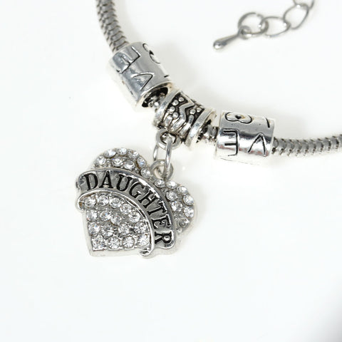 "Daughter" European Snake Chain Charm Bracelet with Clear Rhinestone Heart Pendant and Love Spacer Beads - Sexy Sparkles Fashion Jewelry - 1