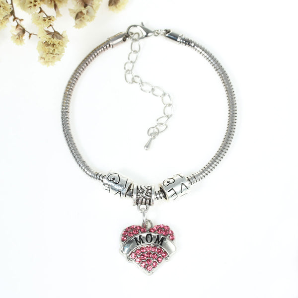 "Mom" European Snake Chain Charm Bracelet with Heart Pendant and Love Spacer Beads