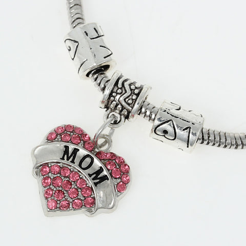 "Mom" European Snake Chain Charm Bracelet with Heart Pendant and Love Spacer Beads - Sexy Sparkles Fashion Jewelry - 2