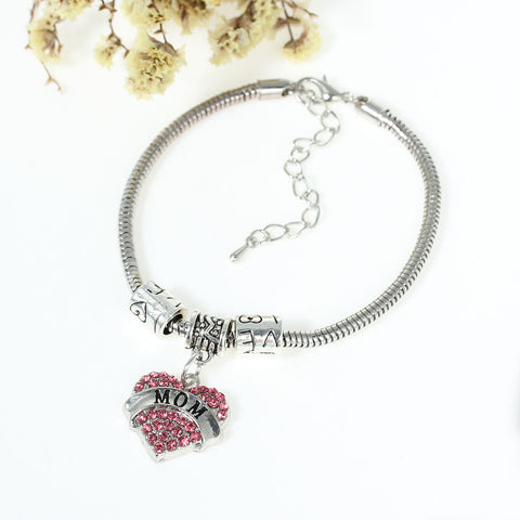 "Mom" European Snake Chain Charm Bracelet with Heart Pendant and Love Spacer Beads - Sexy Sparkles Fashion Jewelry - 3