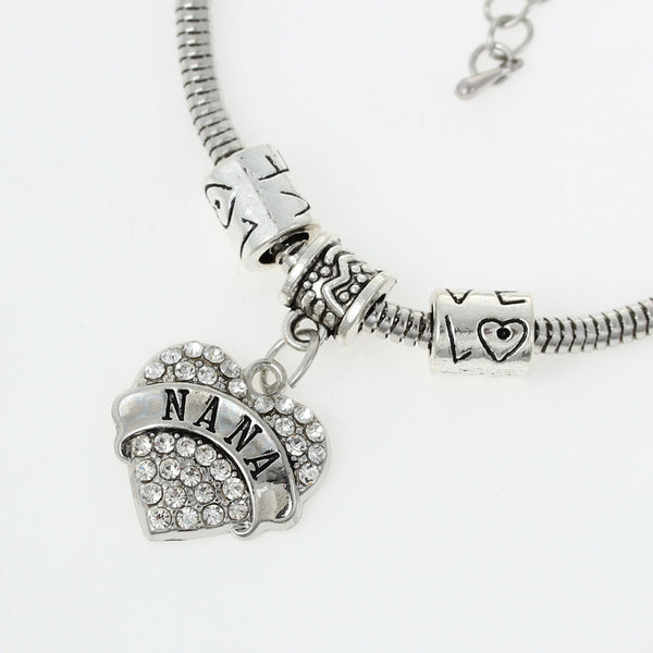 "Nana" European Snake Chain Charm Bracelet with Heart Pendant and "Love" Spacer Beads