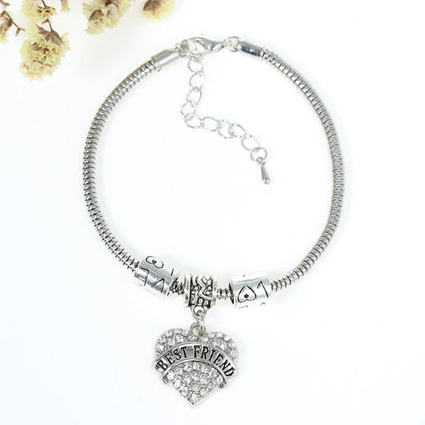 "Best Friend " European Snake Chain Charm Bracelet with Heart Pendant and Love Spacer Beads - Sexy Sparkles Fashion Jewelry - 1