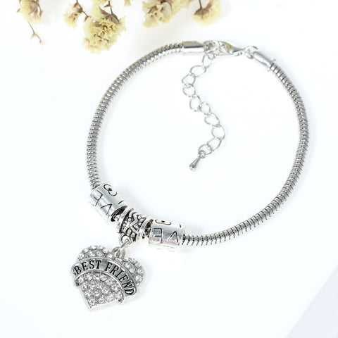 "Best Friend " European Snake Chain Charm Bracelet with Heart Pendant and Love Spacer Beads - Sexy Sparkles Fashion Jewelry - 3