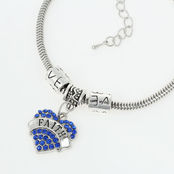 Faith" Love European Snake Chain Charm Bracelet with Heart Pendant and Love Spacer Beads