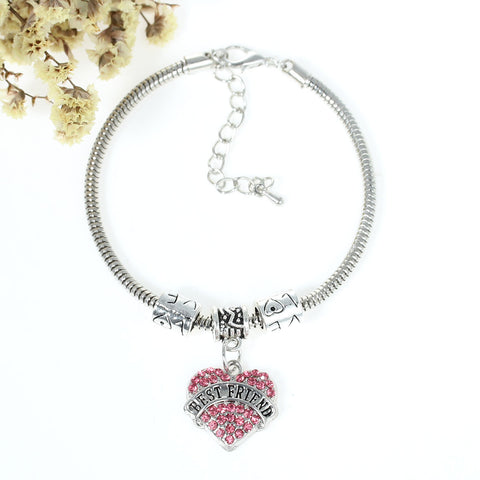 "Best Friends" European Snake Chain Charm Bracelet with Pink Rhinestones Heart Pendant and Love Spacer Beads - Sexy Sparkles Fashion Jewelry - 3
