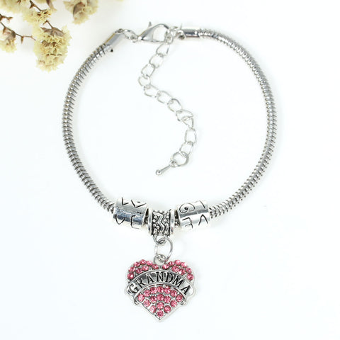 "Grandma" European Snake Chain Charm Bracelet with Pink Rhinestones Heart Pendant and Love Spacer Beads - Sexy Sparkles Fashion Jewelry - 3