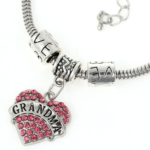 "Grandma" European Snake Chain Charm Bracelet with Pink Rhinestones Heart Pendant and Love Spacer Beads - Sexy Sparkles Fashion Jewelry - 1