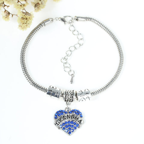 "Grandma" European Snake Chain Charm Bracelet with Blue Rhinestones Heart Pendant and Love Spacer Beads - Sexy Sparkles Fashion Jewelry - 1