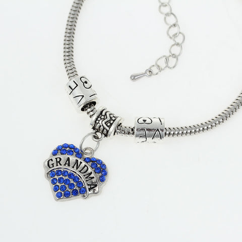 "Grandma" European Snake Chain Charm Bracelet with Blue Rhinestones Heart Pendant and Love Spacer Beads - Sexy Sparkles Fashion Jewelry - 2