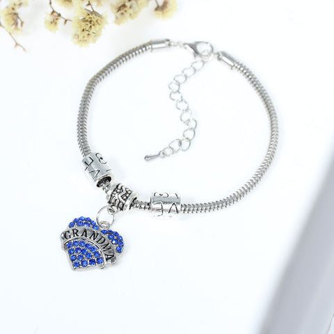 "Grandma" European Snake Chain Charm Bracelet with Blue Rhinestones Heart Pendant and Love Spacer Beads - Sexy Sparkles Fashion Jewelry - 3